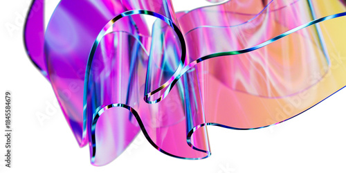 Elegant translucent iridescent glass curve sheets on transparent background, creating dynamic abstract composition. colorful gradient wave design element 3d rendering for innovative futuristic concept
