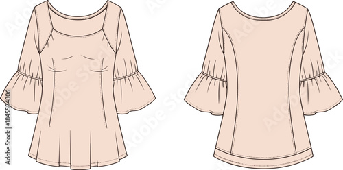 Women’s blouse technical drawing, front and back views, scoop neckline, flared hem, flounce sleeves, beige garment design, fashion illustration