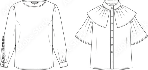 Women’s blouse technical sketch, long sleeve top, button-down design, oversized collar, fashion drawing, garment construction, sewing pattern, style sheet