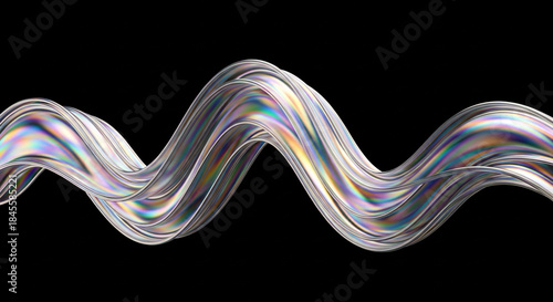 Iridescent wavy silver lines on black background with rainbow colors