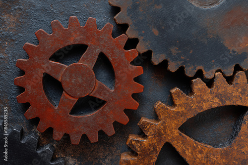 An intriguing close-up of rusty gears, showcasing their intricate designs and textures, perfect for industrial-themed projects or artistic designs.