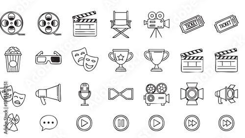 Film and theater icons set with various media and entertainment symbols