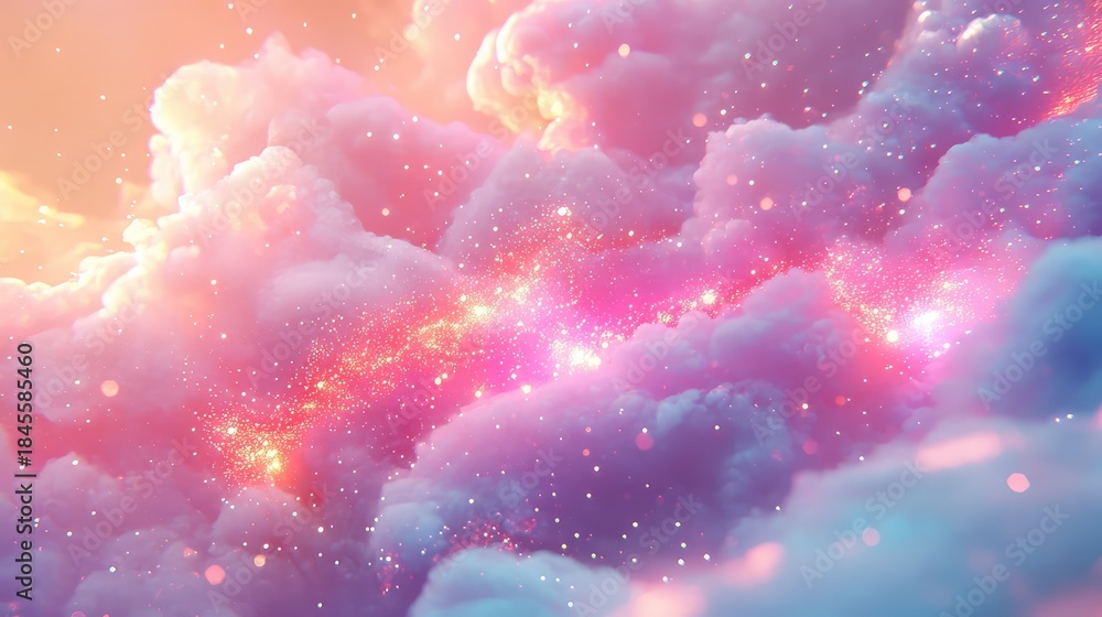 Naklejka premium Swirling pastel clouds blend pink, purple, and blue hues, creating a whimsical and ethereal atmosphere, illuminated by scattered glitter and glowing magical light particles
