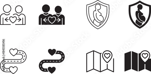 Modern collection of black line art and solid icons depicting love connection pregnancy protection relationship journey and romantic travel destinations
