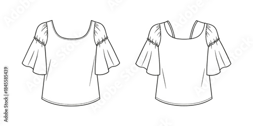 Women’s top technical drawing, scoop neckline, flared short sleeves, shoulder strap detail, front and back views, garment design illustration
