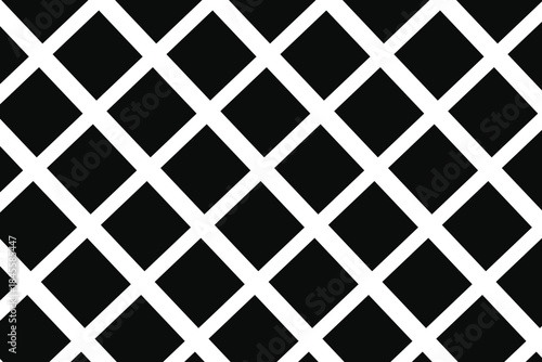 This image displays a high-contrast, black and white geometric pattern. Thick white lines create a repeating grid of diamond or rhombus shapes arranged diagonally across the frame. The interior space 