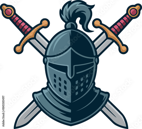 Medieval knight and viking helmets with sword vector illustration