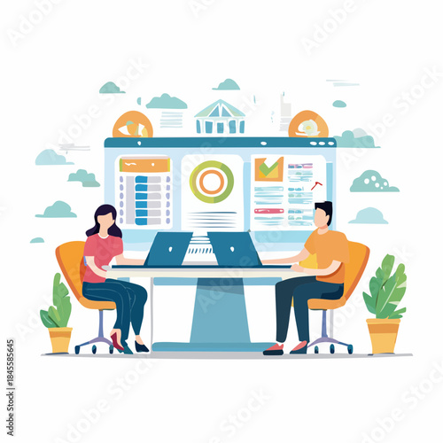 Vector illustration of a business person working on a laptop computer at an office desk, illustrating remote job concepts