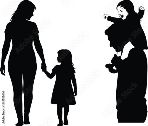 Silhouettes of mothers and children in tender emotive poses