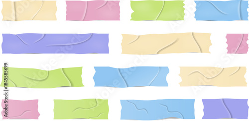 A set of multicolored torn adhesive tape pieces, including duct tape, washi tape, and paper strips. High-quality vector of ripped, wrinkled, sticky tape elements in various shapes and textures for