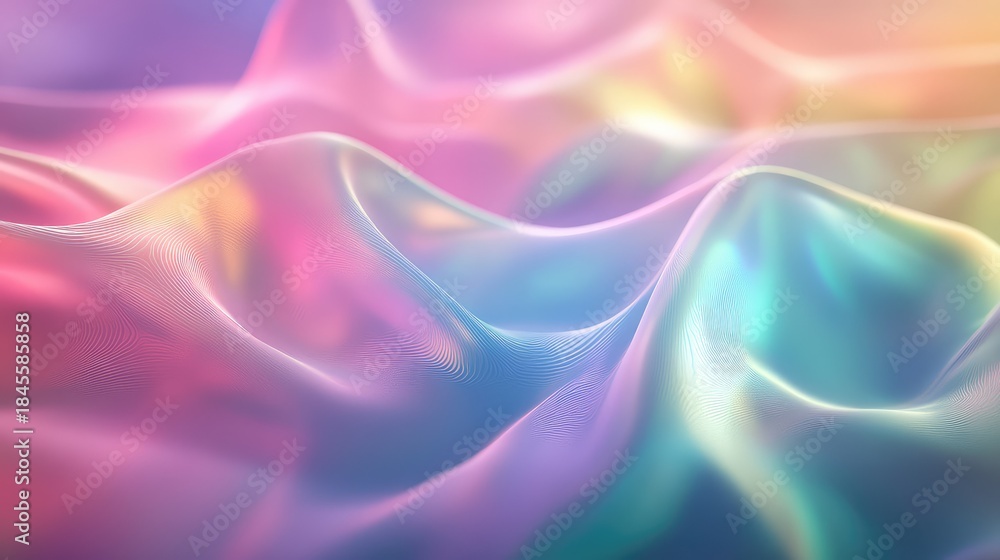 Obraz premium Fluid metallic waves displaying a vibrant, soft gradient of pastel colors, highlighting elegant curves and a subtle grid pattern on the reflective, shimmering surface