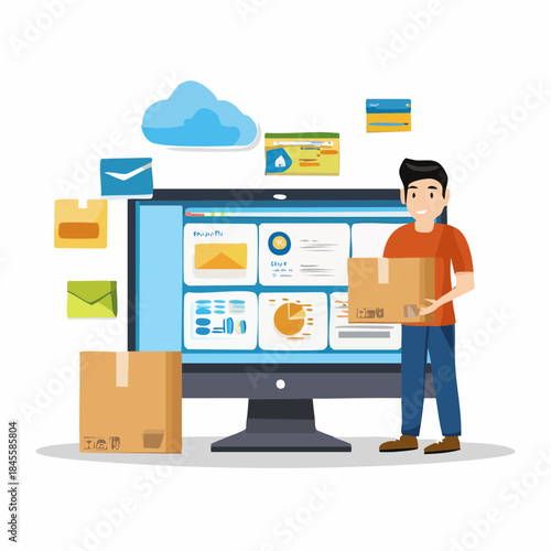 Flat design vector illustration of a man working on a laptop at the office desk, symbolizing business, technology, and internet network concepts