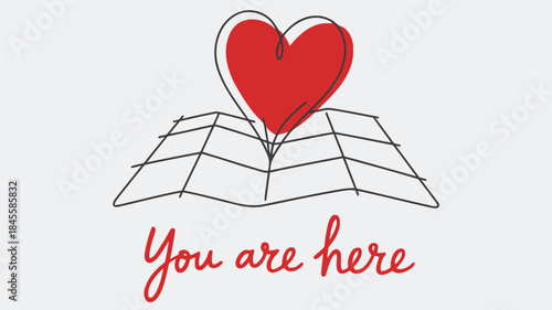 Heart shaped map pin on a hand drawn map with you are here text