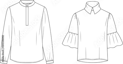 Women’s top technical sketch, high neckline blouse, puff sleeve shirt, fashion drawing, garment construction, sewing pattern, clothing design sheet