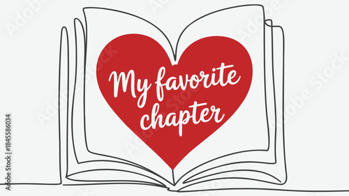A minimalist illustration of an open book with a heart symbol and the words my favorite chapter written in white on a red heart on the book