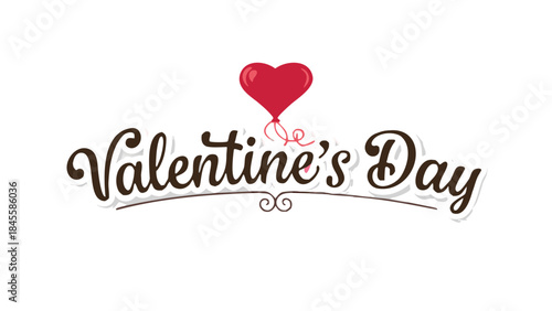 Flat romantic illustration of ornamental cursive text reading valentine's day with a red heart shaped balloon on a white background