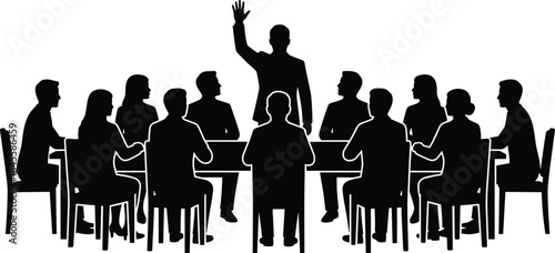 Business conference meeting silhouette illustration of corporate team discussion with leader raising hand teamwork leadership strategy decision making concept