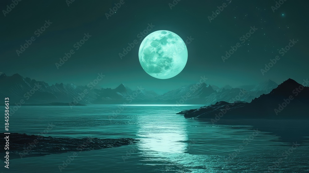 Naklejka premium Full moon illuminating a tranquil mountain lake, its bright cyan glow reflecting across the dark water surface, creating a peaceful and mysterious night landscape