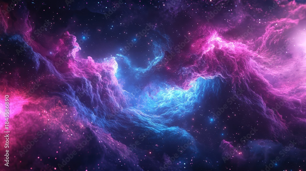 Obraz premium Dynamic abstract nebula formation displaying vibrant pink, purple, and blue gaseous clouds among sparkling stars, illustrating the vastness and mystery of the universe