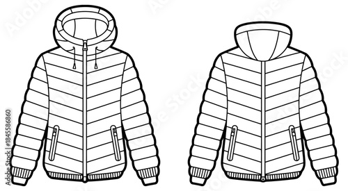 Hooded puffer jacket flat sketch with quilted stitching, zipper front, flap pockets, drawstring hood, elastic cuffs, front and back view, vector illustration, fashion design, outerwear template