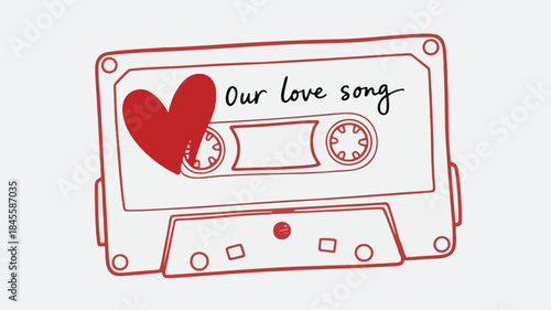A line drawing of a music cassette tape with a heart and the words 'our love song' written on it in a romantic and nostalgic style