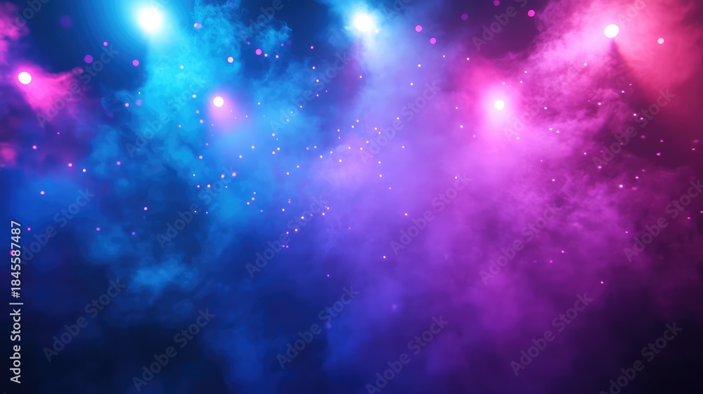 Obraz premium Colorful smoke and glowing particles creating a dynamic light background, representing concepts of music events, parties, celebrations, concerts, and energetic atmospheres