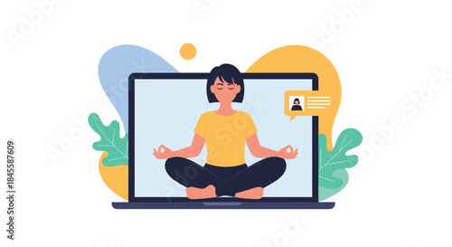 A woman finds her calm by meditating in the lotus position in front of a large laptop, representing online wellness and virtual yoga classes.