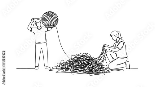 A man is holding a perfectly wound ball of yarn while a woman kneels, attempting to untangle a huge, chaotic mess of lines on the ground, symbolizing teamwork in problem-solving.