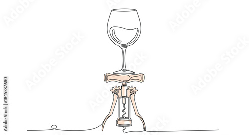 A continuous single line drawing of a wine glass perfectly balanced on a corkscrew, with subtle color accents on the wine and opener.