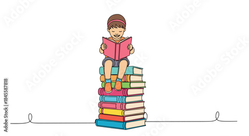 A continuous line drawing of a happy little girl sitting atop a tall stack of colorful books, completely absorbed in her reading adventure.