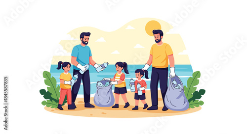 Two fathers and their three young daughters participate in a beach cleanup, collecting plastic bottles to protect the marine environment.