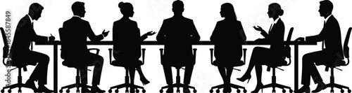 Business meeting discussion illustration, corporate team collaboration at conference table, professional workplace communication, management strategy session, office teamwork, silhouettes