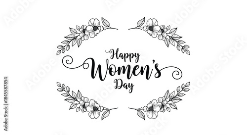 A beautiful hand-drawn floral frame surrounds the elegant calligraphy text "Happy Women's Day," creating a lovely greeting card design.