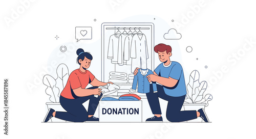 A young man and woman work together to sort through their clothes, placing them in a cardboard box for donation and charity purposes.