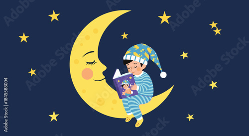 A cute little boy in pajamas sits on a smiling crescent moon, reading a magical bedtime story among the stars in the dark night sky.