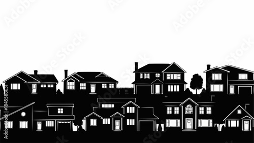 Silhouette of Suburban Houses Lined Up on a Hill.