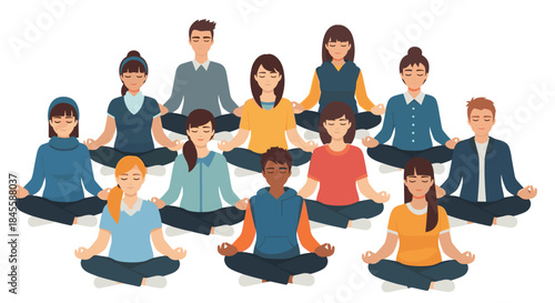 A diverse group of men and women sit together in the lotus position, collectively practicing meditation for mindfulness and well-being.