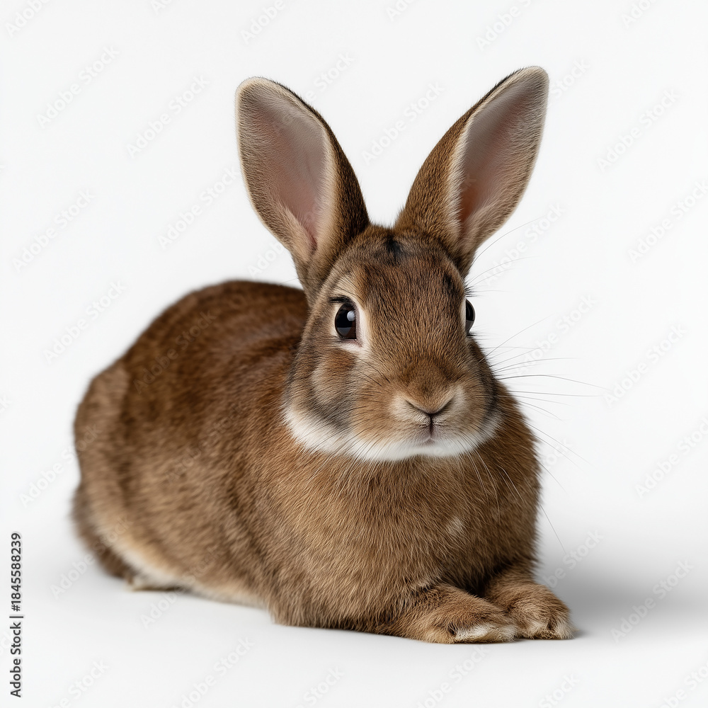 Fototapeta premium Brown rabbit resting on a plain background while looking directly at the viewer