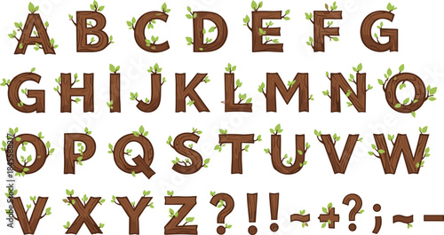 Wooden alphabet, eco letters, forest texture, leaf detail, nature font, uppercase design, green sprout, organic style, punctuation marks, rustic type