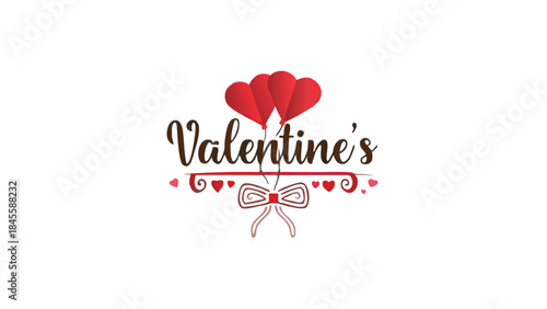 Flat vector design featuring romantic red heart balloons tied with bow for valentine's day on white background with decorative elements