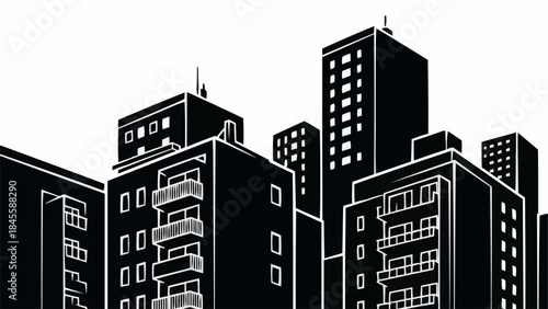 Modern Cityscape Silhouette with Tall Buildings and Windows.