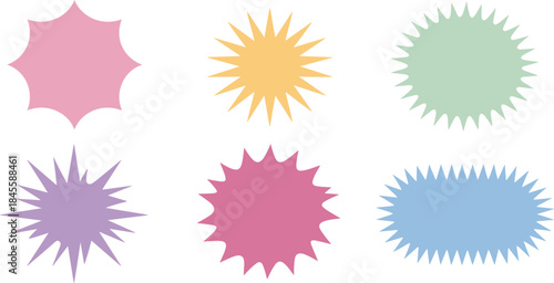 Set of colorful starburst shapes, jagged splat bubbles, sale tags, price sticker, marketing design elements