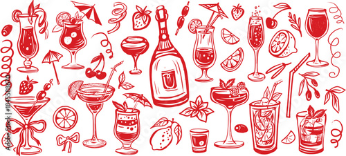 Hand drawn cocktail doodle set with bar drinks, wine glasses, fruits, citrus slices in sketch style 