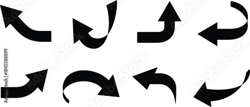 Set of black curved arrows, turning, looping, return, direction, navigation, pointer symbol, web icon vector