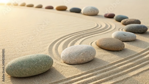 Zen Garden with Polished River Stones in Muted Earthy Tones