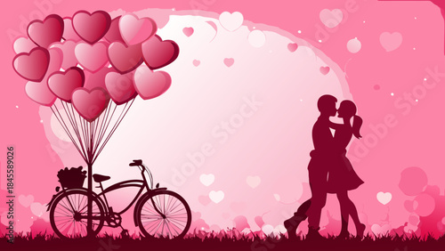 A romantic silhouette of a kissing couple with a bicycle and heart balloons