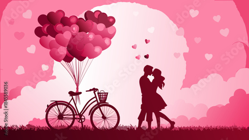 A romantic silhouette scene with a kissing couple and heart-shaped balloons