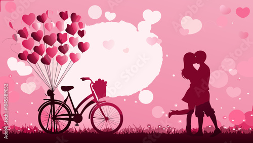 A romantic pink silhouette background featuring a kissing couple and heart balloons