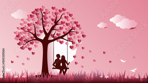 A romantic silhouette of a loving couple on a swing under a heart-leaf tree