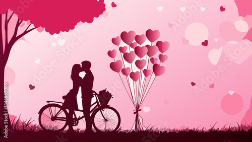 A loving couple shares a kiss on a bicycle against a pink romantic background